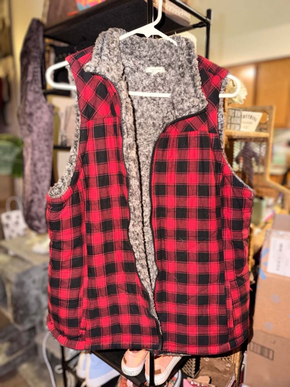 Faux fur plaid vest